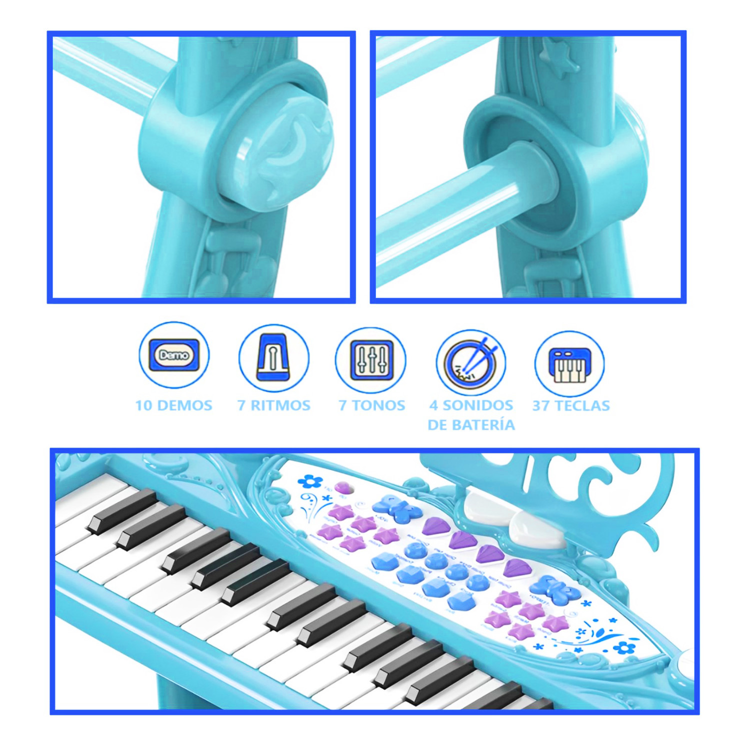 PIANO MUNDO ONLINE JUGUETE TECLADO INFANTIL CON MICRÓFONO Y TABURETE CELESTE - 6