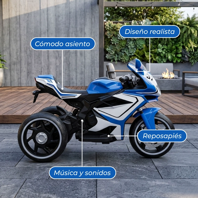 MOTO ELECTRICA INFANTIL CON MUSICA Y LUZ AZUL - 6