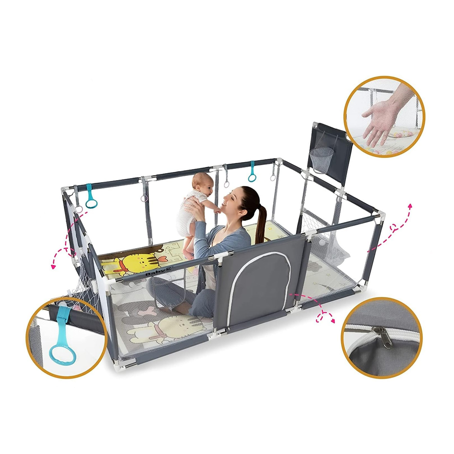 CORRAL SEGURIDAD MUNDO ONLINE LIFE-2226 GRIS BEBE 180CM CON ARO Y ARCO - 3