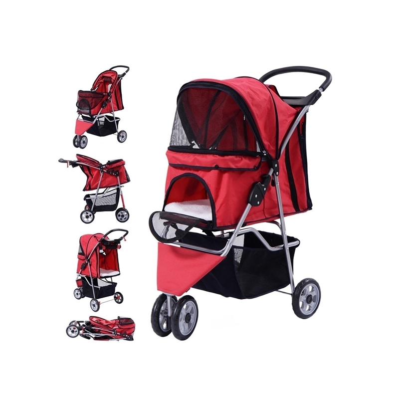 COCHE PERROS GATOS PASEO PLEGABLE PORTATIL 3 RUEDAS MUNDO ONLINE ROJO - 2