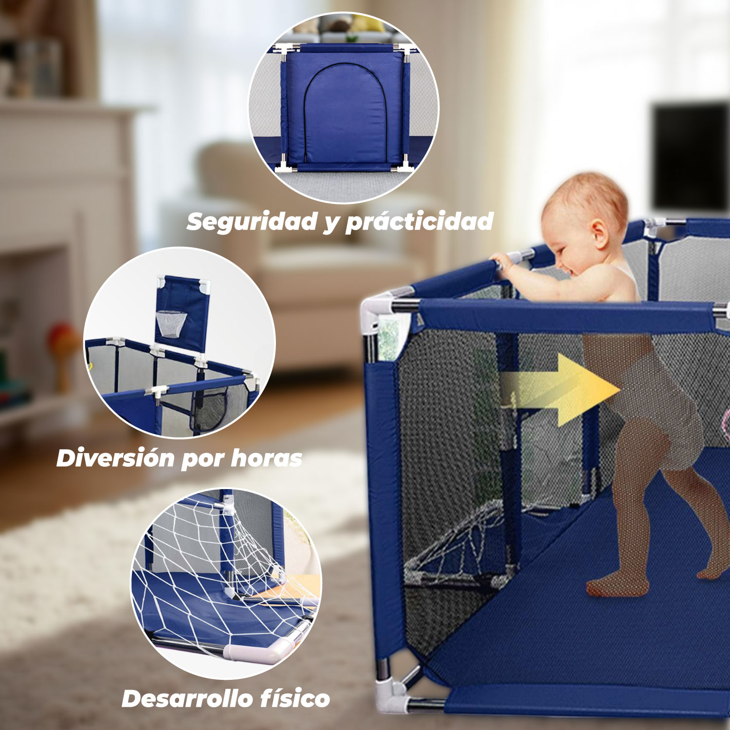 CORRAL SEGURIDAD MUNDO ONLINE LIFE-2223 AZUL MARINO BEBES 180 CM. CON ARO Y ARCO - 4