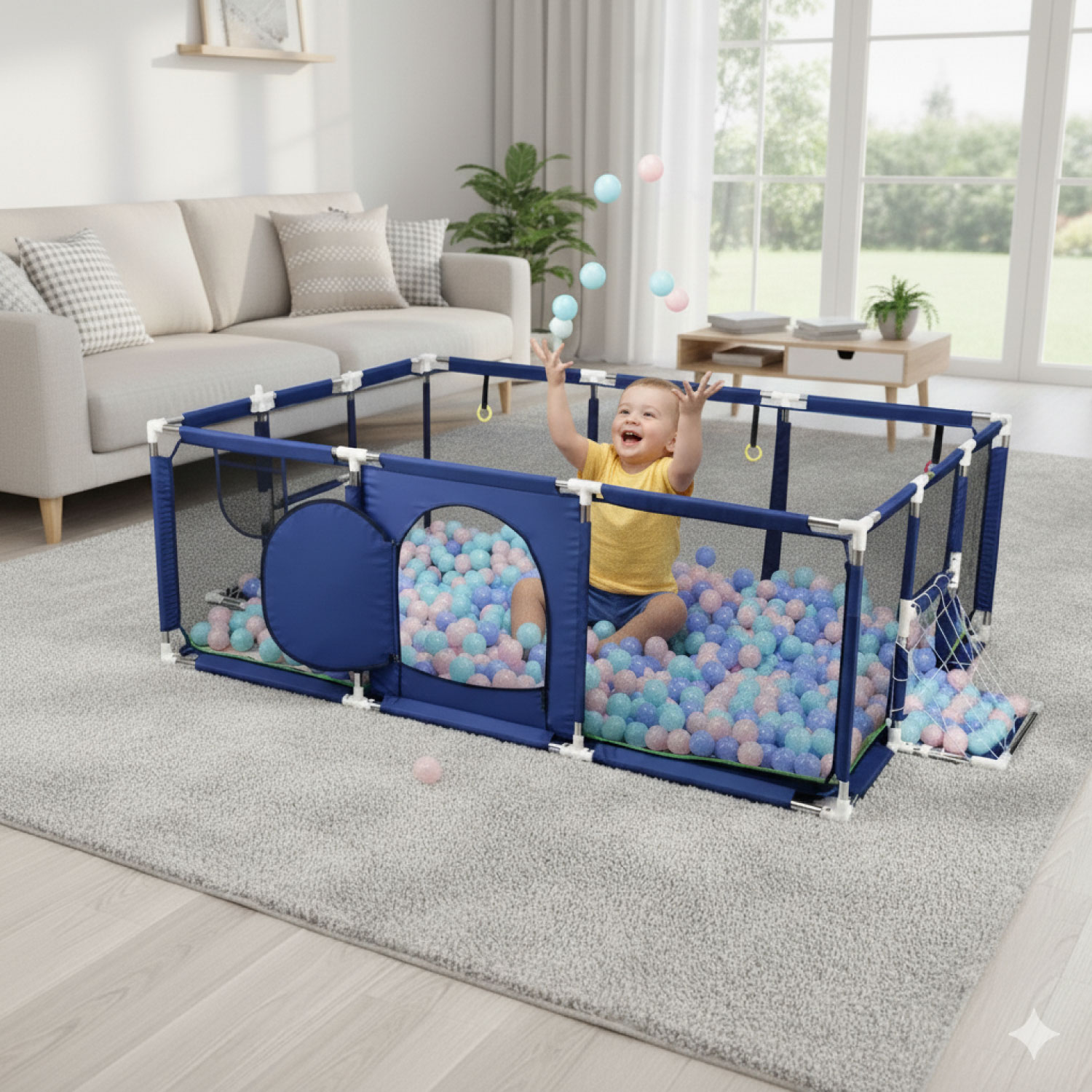CORRAL SEGURIDAD MUNDO ONLINE LIFE-2223 AZUL MARINO BEBES 180 CM. CON ARO Y ARCO - 5