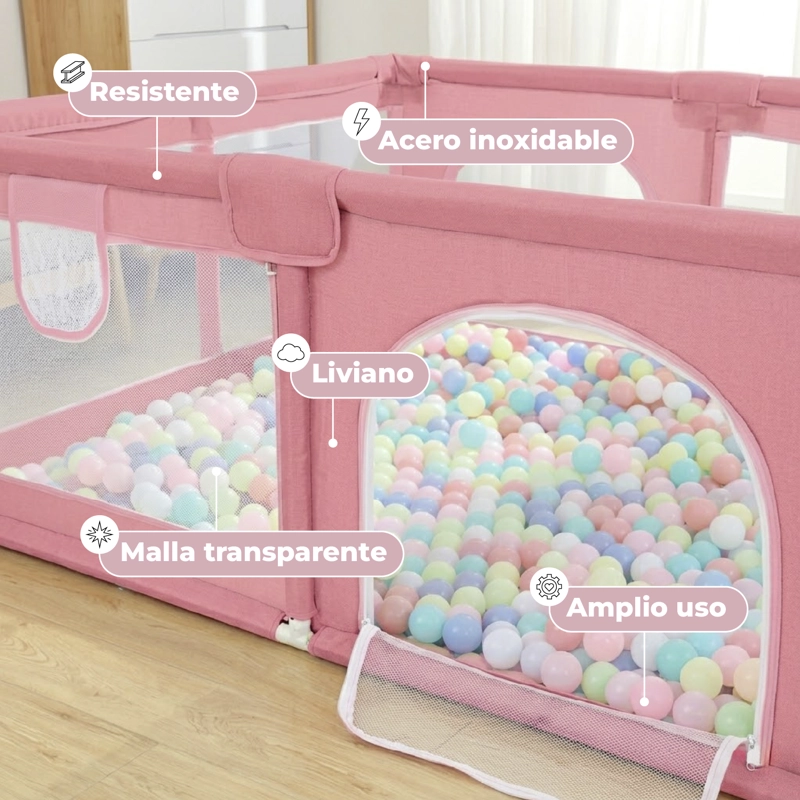 CORRAL SEGURIDAD MUNDO ONLINE LIFE-2283 ACERO INOXIDABLE ROSADO BEBE 180CM RECTANGULAR - 4