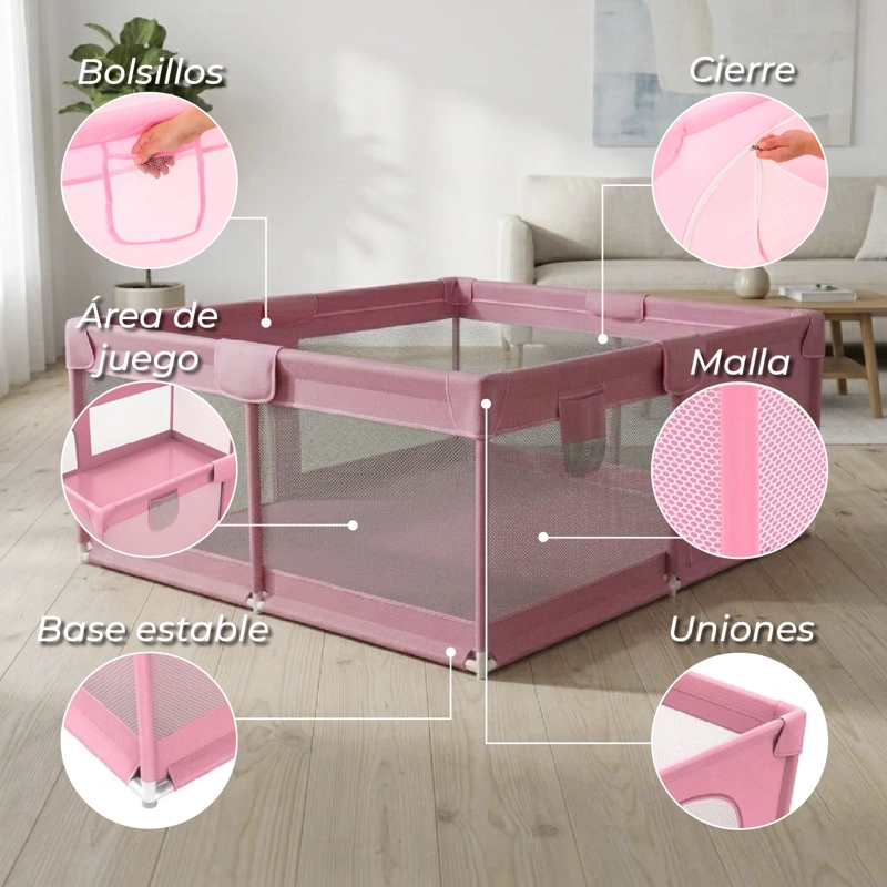 CORRAL SEGURIDAD MUNDO ONLINE LIFE-2283 ACERO INOXIDABLE ROSADO BEBE 180CM RECTANGULAR - 6
