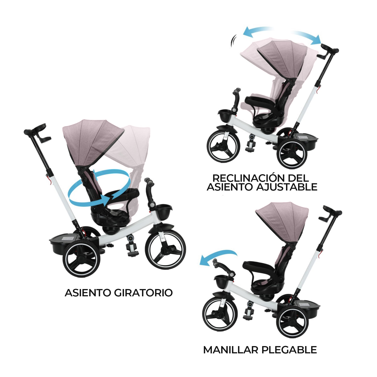 TRICICLO 4 EN 1 PLEGABLE RECLINABLE 360° ROSADO - 5