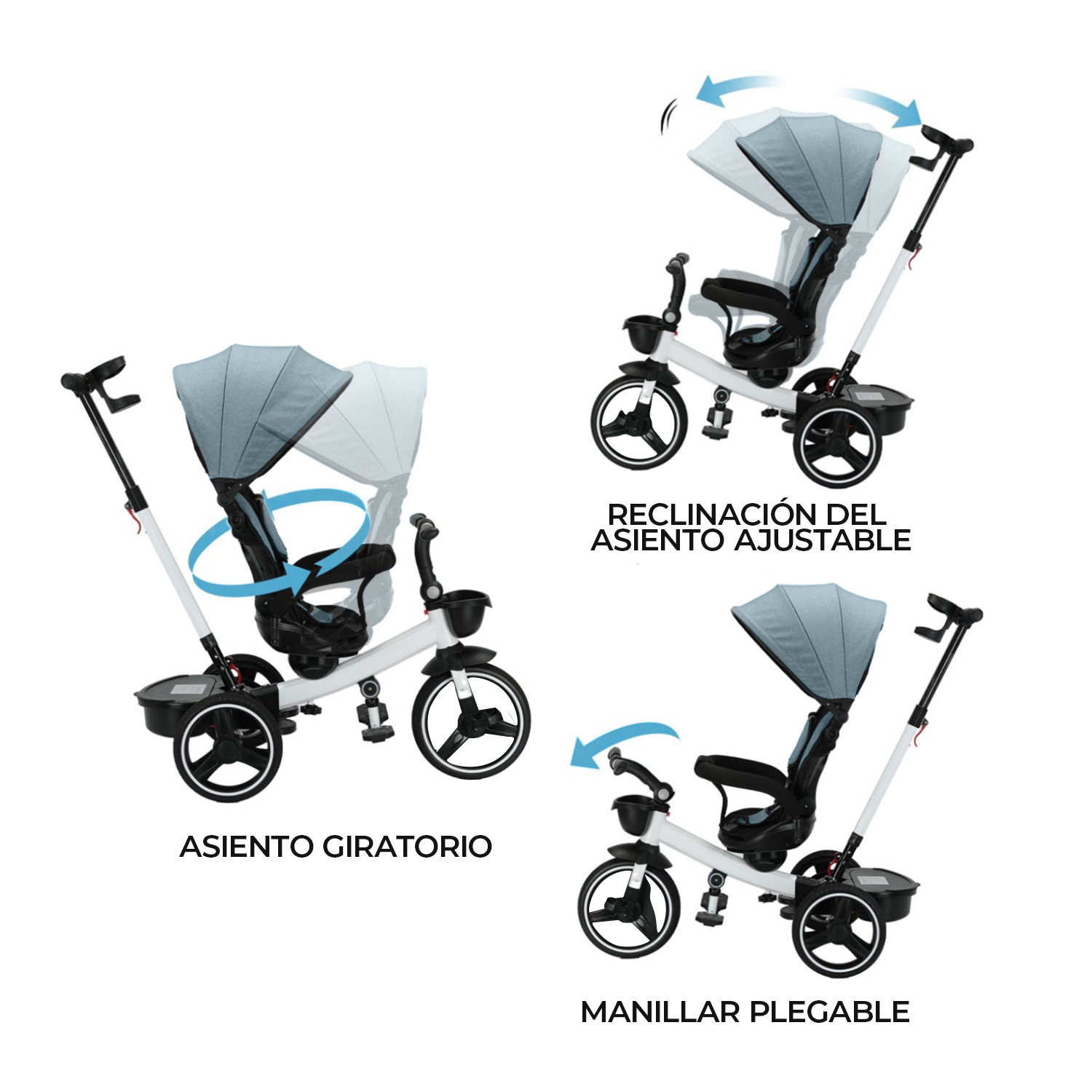 TRICICLO 4 EN 1 PLEGABLE RECLINABLE 360° AZUL PETROLEO - 6