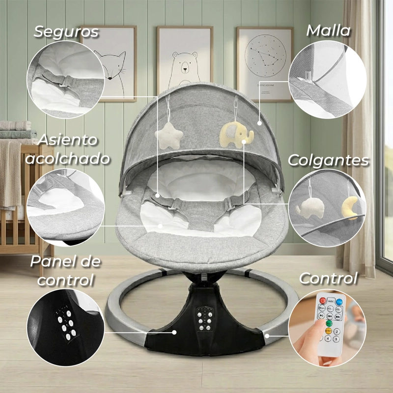 SILLA MUNDO ONLINE MECEDORA BEBÉ INALÁMBRICA MUSICAL BLUETOOTH GRIS - 6