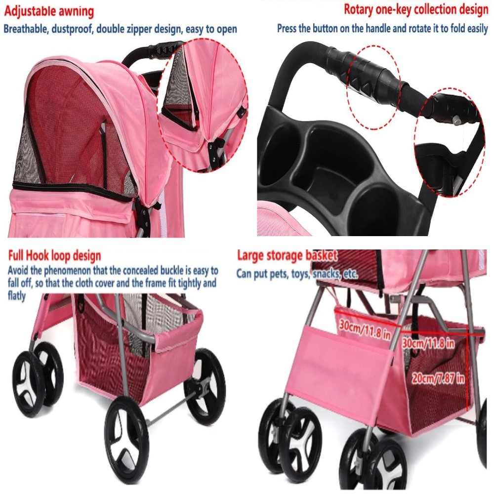 COCHE PARA MASCOTA DE CUATRO RUEDAS ROSADO - 5