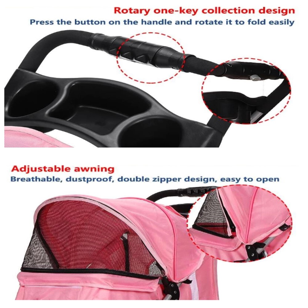 COCHE PARA MASCOTA DE TRES RUEDAS ROSADO - 5