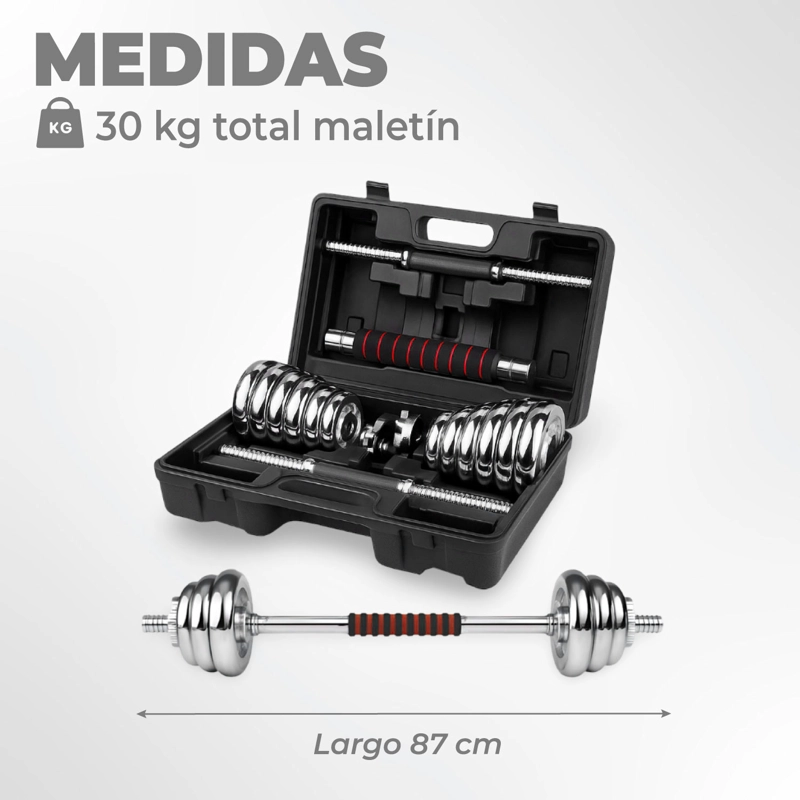 SET DE MANCUERNAS Y BARRA 30 KG ACERO CROMADAS + MALETÍN - 3