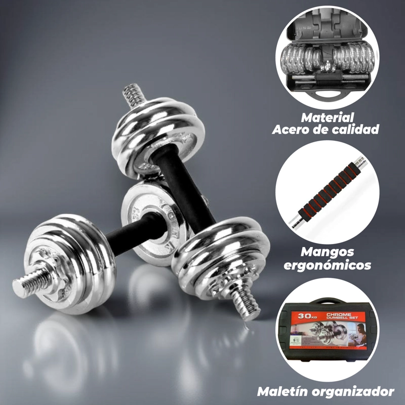SET DE MANCUERNAS Y BARRA 30 KG ACERO CROMADAS + MALETÍN - 4