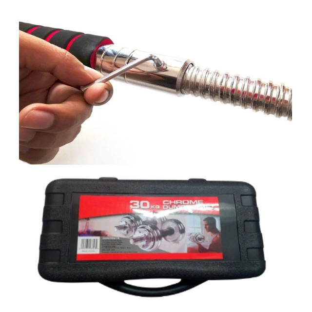 SET DE MANCUERNAS Y BARRA 30 KG ACERO CROMADAS + MALETÍN - 9