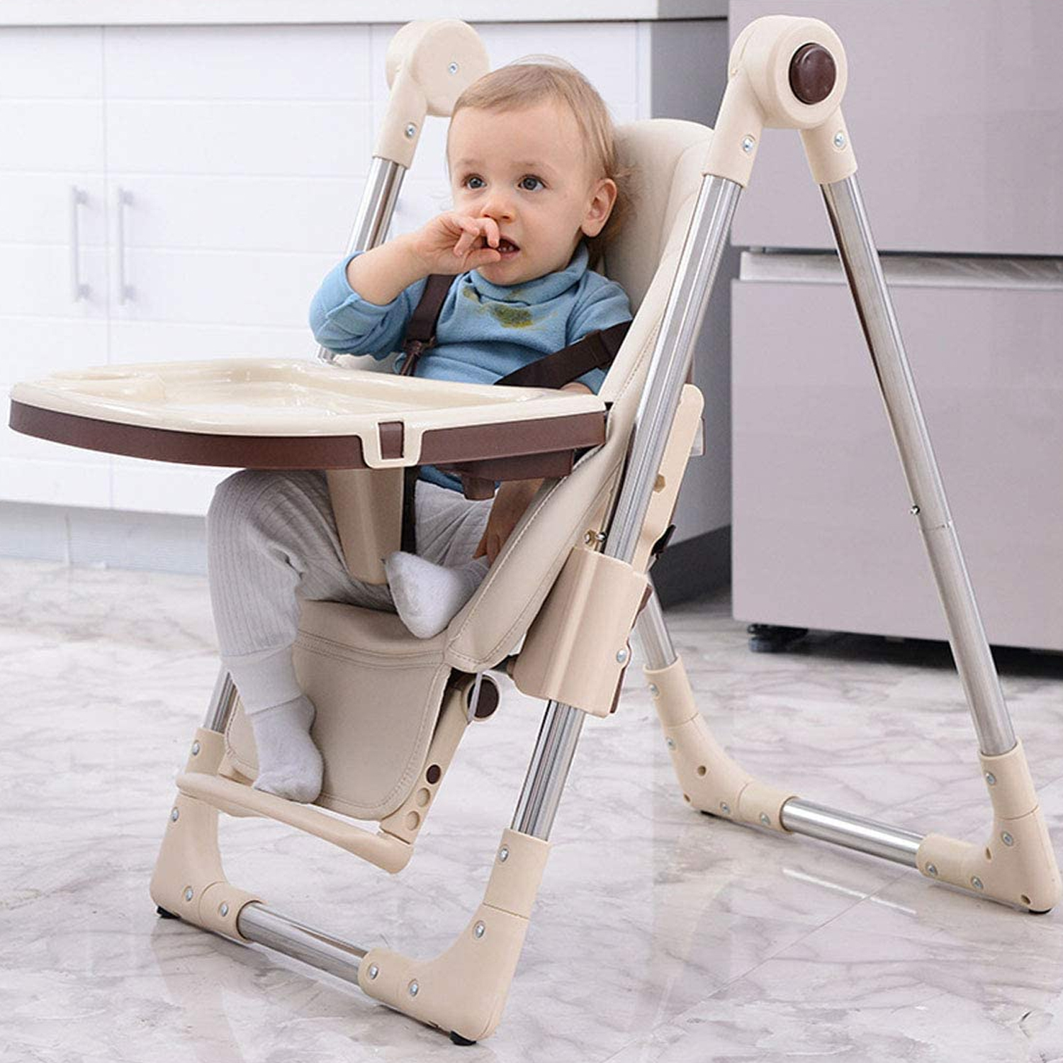 SILLA COMER MUNDO ONLINE BEBÉ REGULABLE ECO CUERO BEIGE - 5
