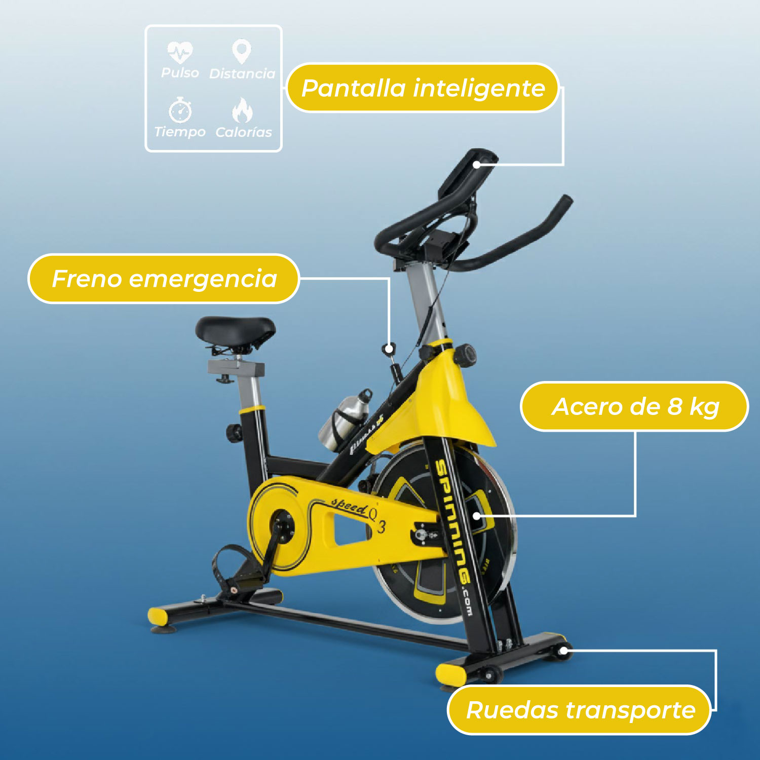 BICICLETA SPINNING PROFESIONAL Q3 PRO 8 KG + MONITOR - 6