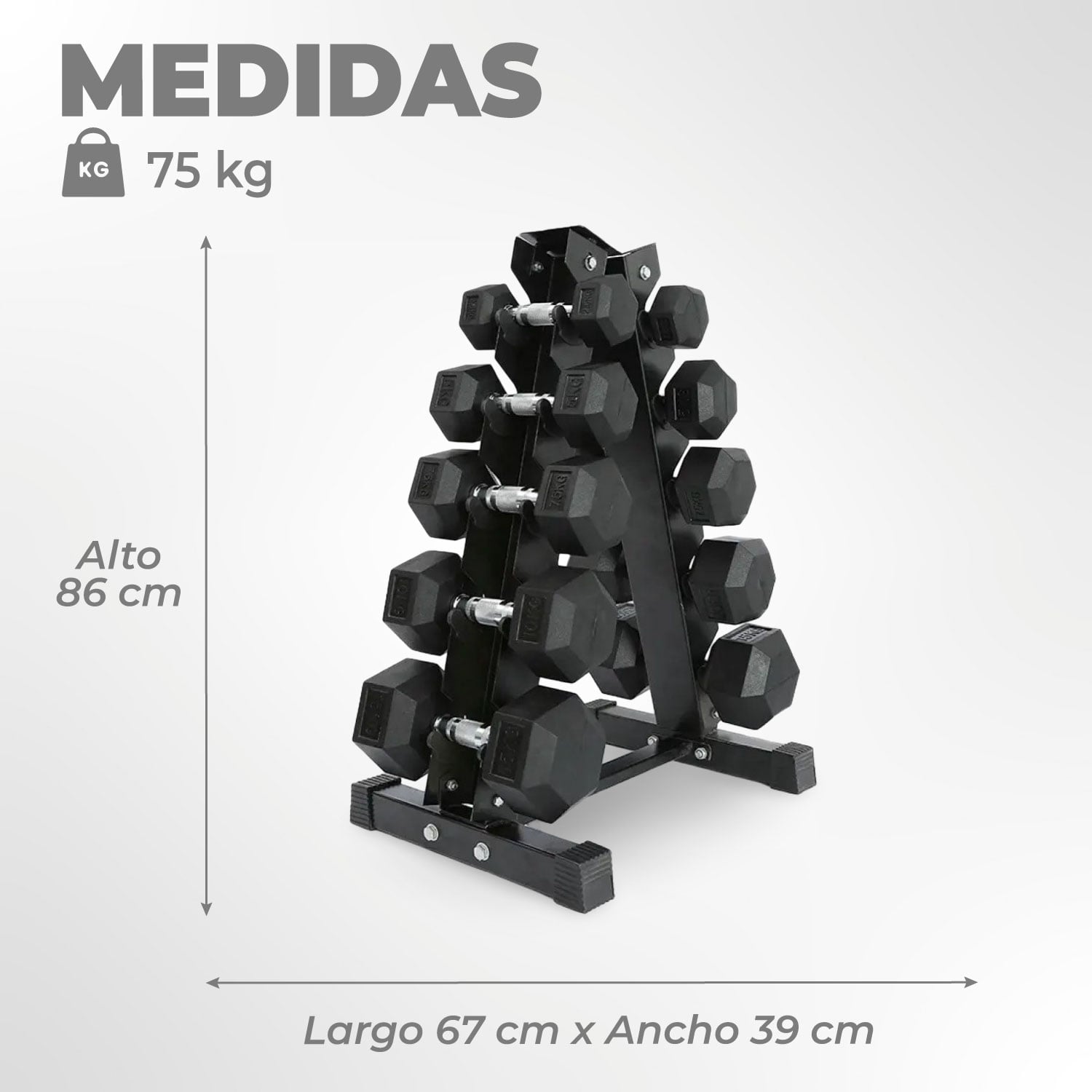 SET MANCUERNAS 75 KILOS HEXAGONALES + RACK PROFESIONAL - 3