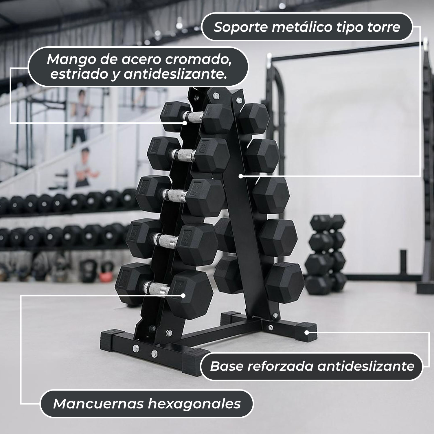 SET MANCUERNAS 75 KILOS HEXAGONALES + RACK PROFESIONAL - 6