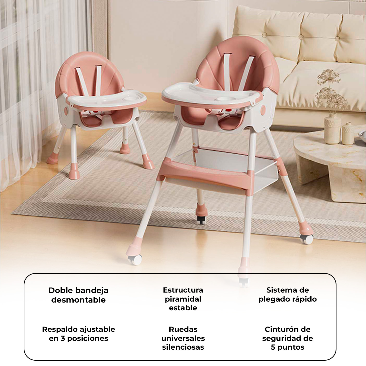 SILLA COMER BEBE DOBLE ALTURA SAFE BABY - ROSA - 5
