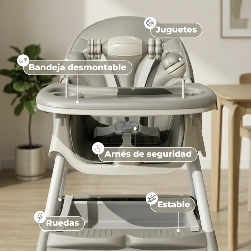 SILLA COMER BEBE DOBLE ALTURA SAFE BABY ENTRETENIDA - GRIS - 4