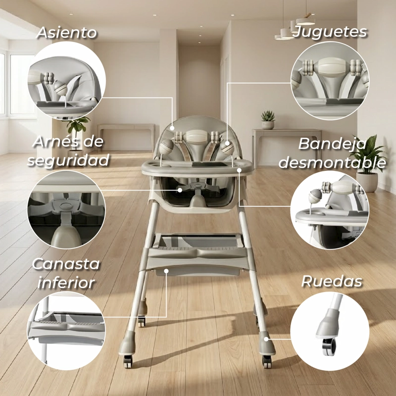 SILLA COMER BEBE DOBLE ALTURA SAFE BABY ENTRETENIDA - GRIS - 6