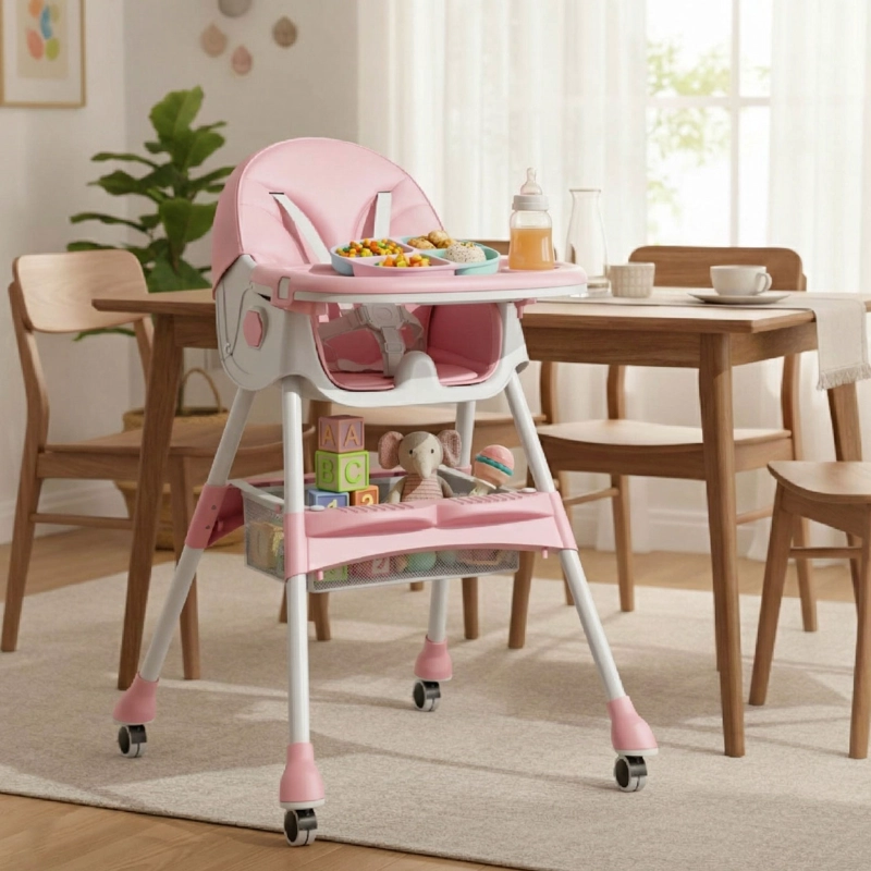 SILLA COMER BEBE DOBLE ALTURA SAFE BABY ENTRETENIDA -ROSA - 3