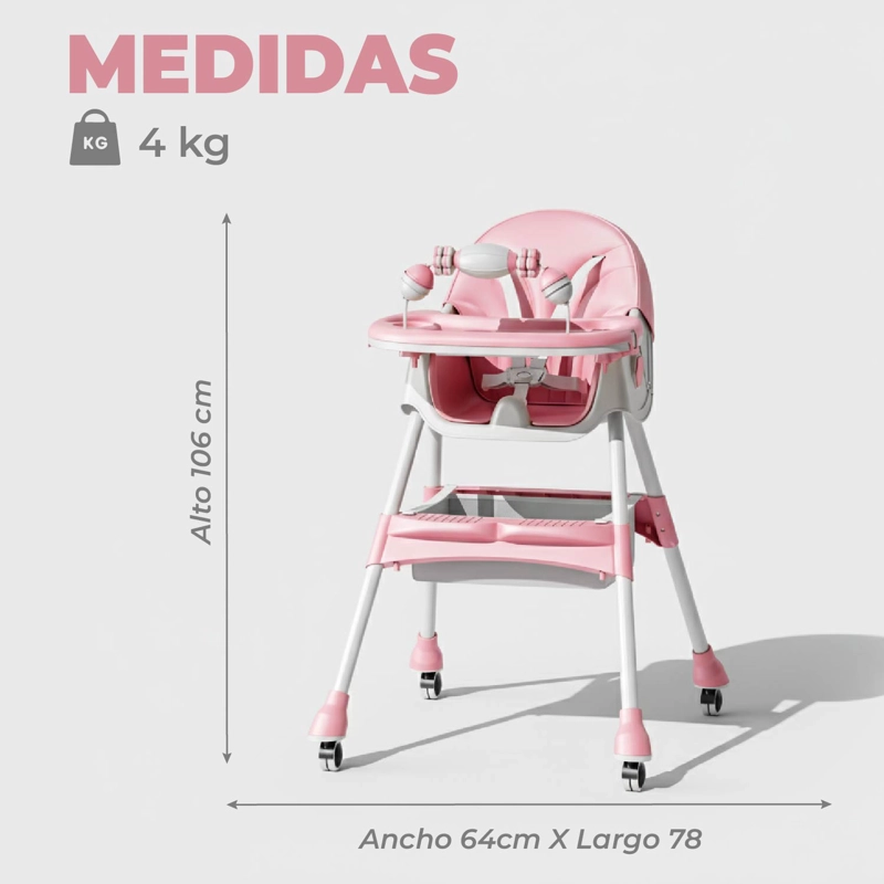 SILLA COMER BEBE DOBLE ALTURA SAFE BABY ENTRETENIDA -ROSA - 4