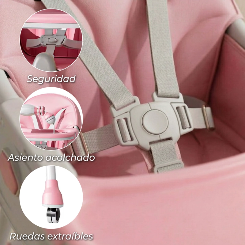 SILLA COMER BEBE DOBLE ALTURA SAFE BABY ENTRETENIDA -ROSA - 5