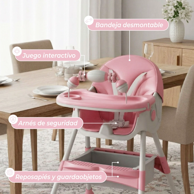 SILLA COMER BEBE DOBLE ALTURA SAFE BABY ENTRETENIDA -ROSA - 7