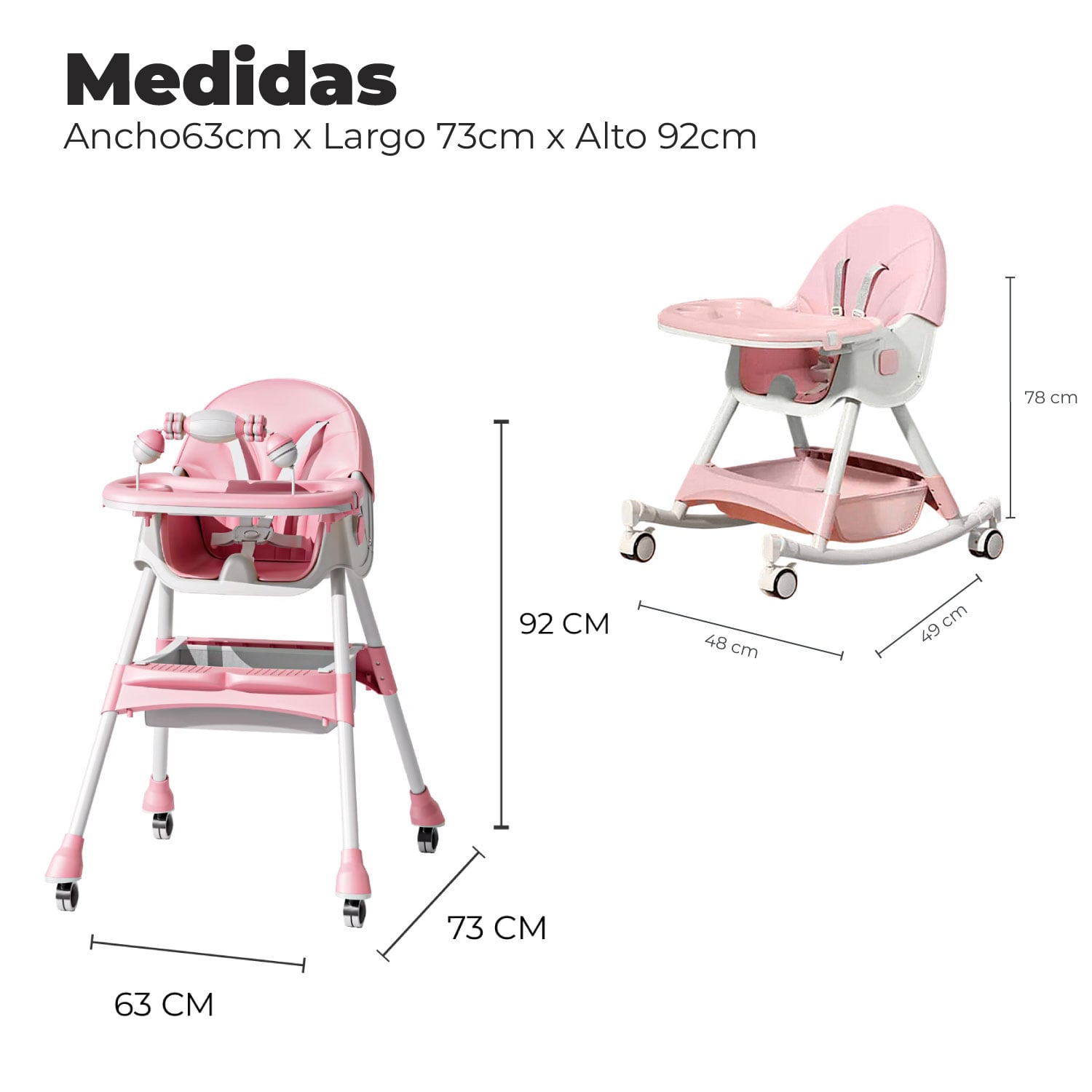 SILLA COMER BEBE DOBLE ALTURA SAFE BABY MECEDORA RECLINABLE - ROSADO - 2