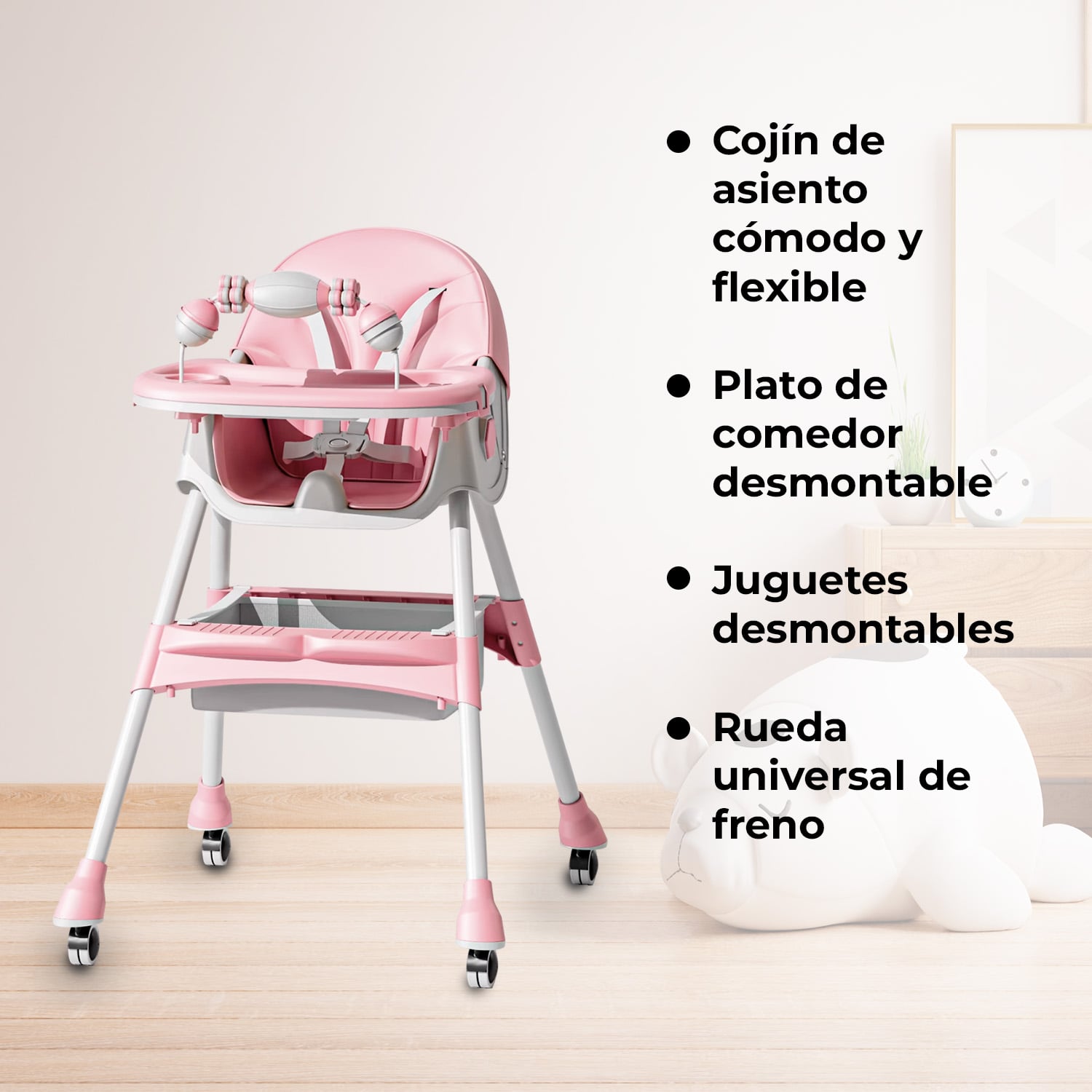 SILLA COMER BEBE DOBLE ALTURA SAFE BABY MECEDORA RECLINABLE - ROSADO - 3