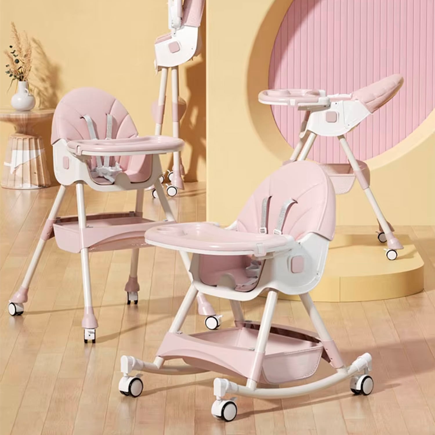 SILLA COMER BEBE DOBLE ALTURA SAFE BABY MECEDORA RECLINABLE - ROSADO - 4