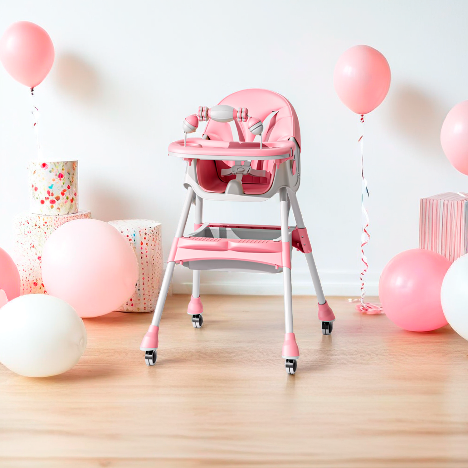 SILLA COMER BEBE DOBLE ALTURA SAFE BABY MECEDORA RECLINABLE - ROSADO - 5