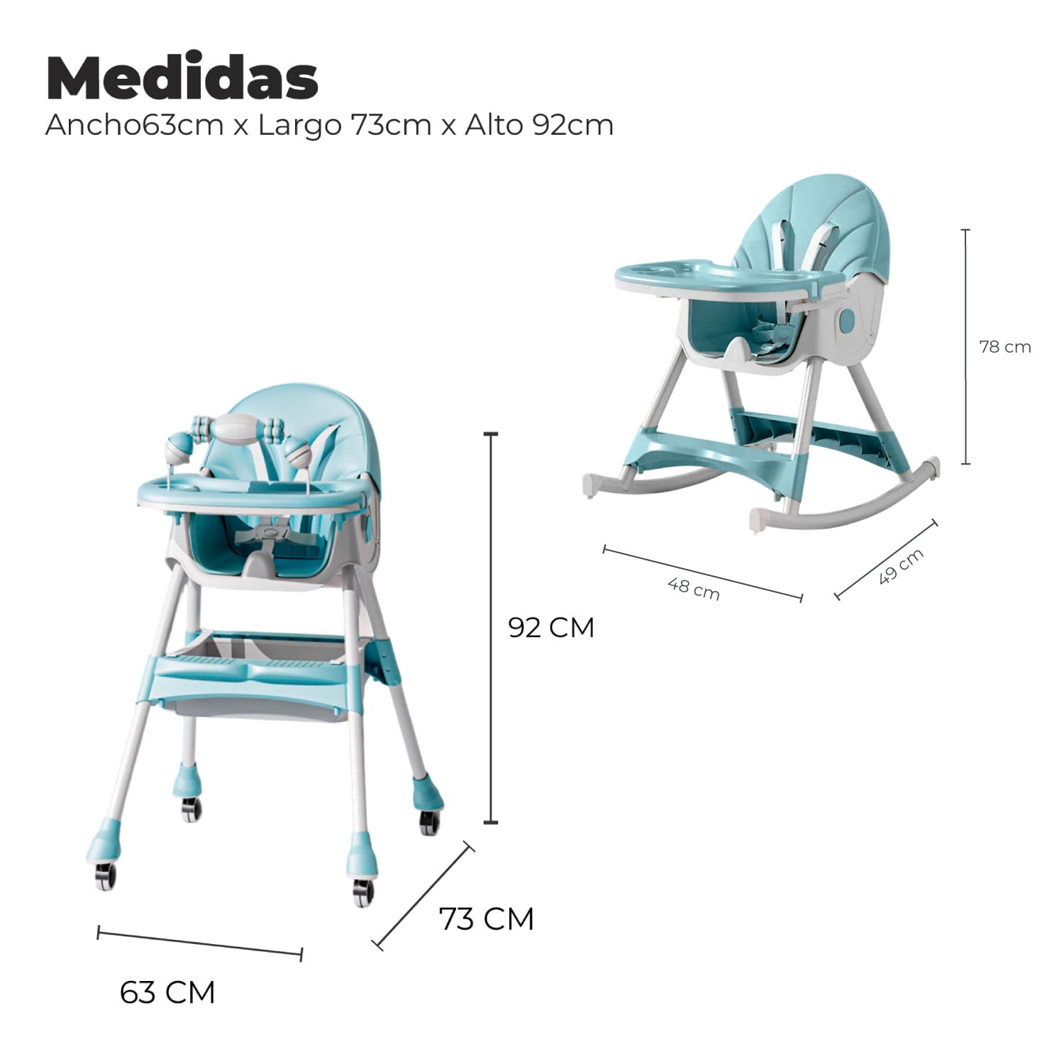SILLA COMER BEBE DOBLE ALTURA SAFE BABY MECEDORA RECLINABLE - CELESTE - 2