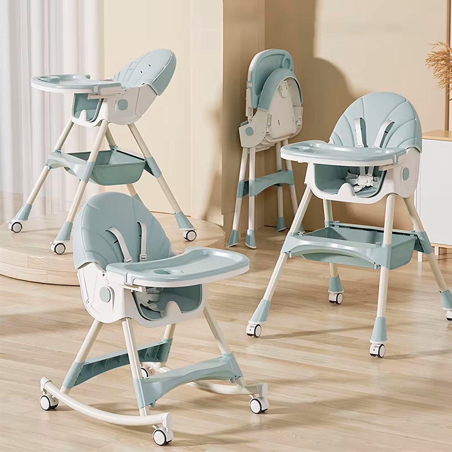 SILLA COMER BEBE DOBLE ALTURA SAFE BABY MECEDORA RECLINABLE - CELESTE - 3