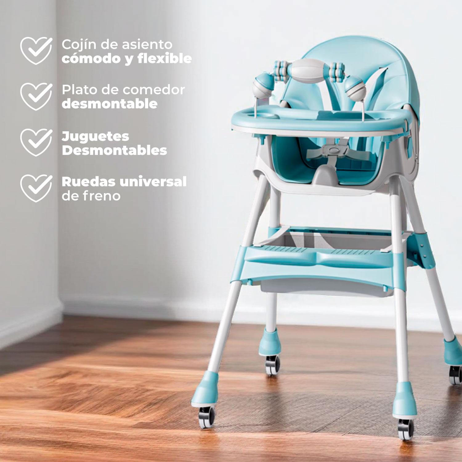 SILLA COMER BEBE DOBLE ALTURA SAFE BABY MECEDORA RECLINABLE - CELESTE - 6