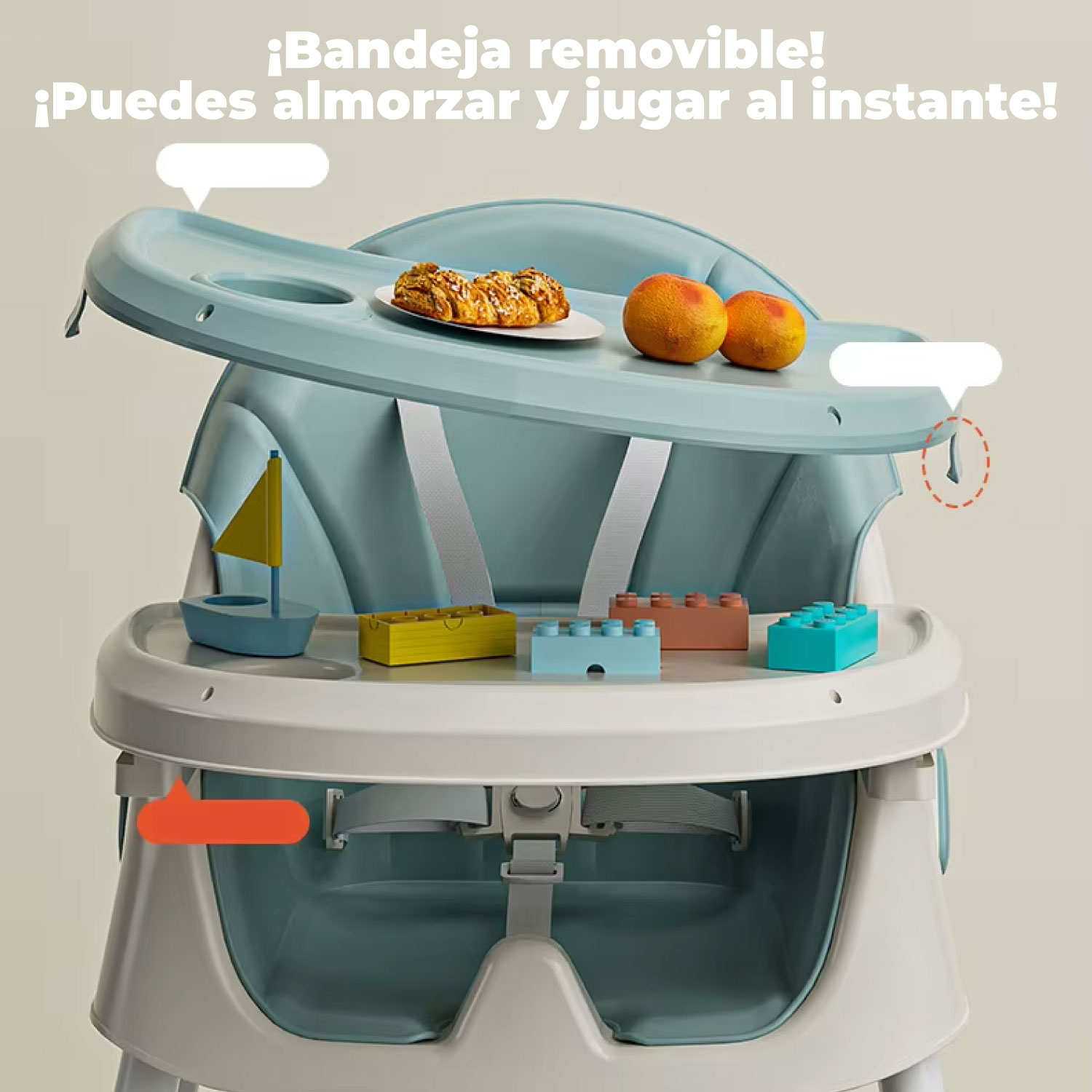 SILLA COMER BEBE DOBLE ALTURA SAFE BABY MECEDORA RECLINABLE - CELESTE - 7