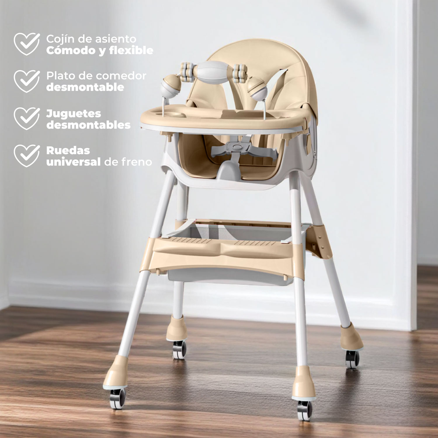 SILLA COMER BEBE DOBLE ALTURA SAFE BABY MECEDORA RECLINABLE - BEIGE - 2