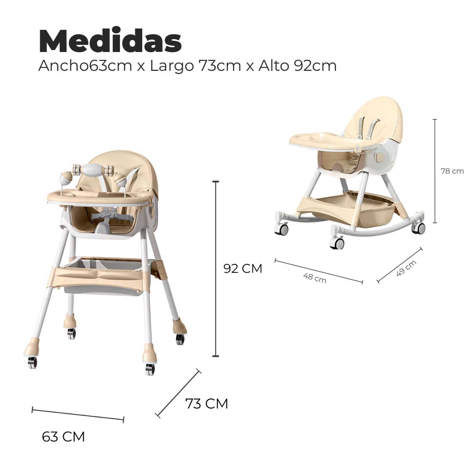 SILLA COMER BEBE DOBLE ALTURA SAFE BABY MECEDORA RECLINABLE - BEIGE - 3