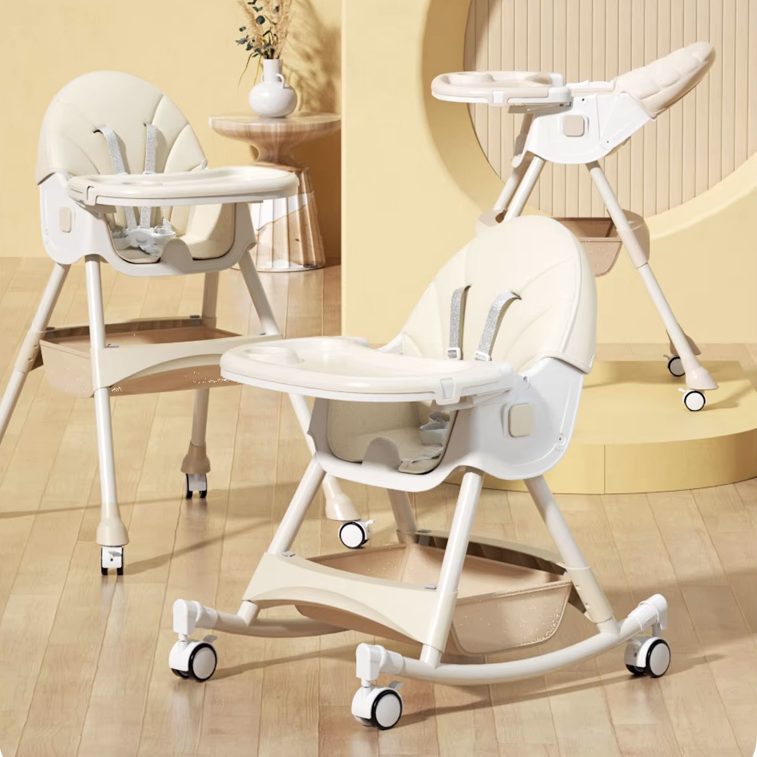 SILLA COMER BEBE DOBLE ALTURA SAFE BABY MECEDORA RECLINABLE - BEIGE - 6