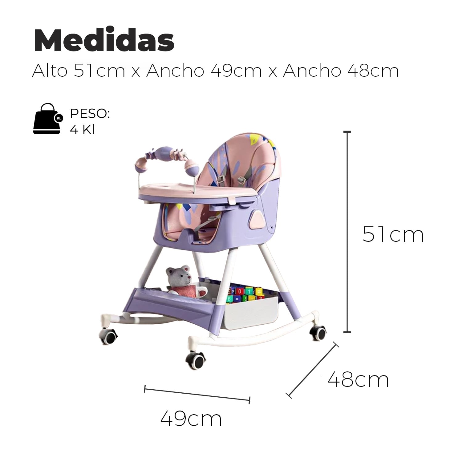 SILLA COMER BEBE DOBLE ALTURA SAFE BABY MECEDORA RECLINABLE - LILA - 2