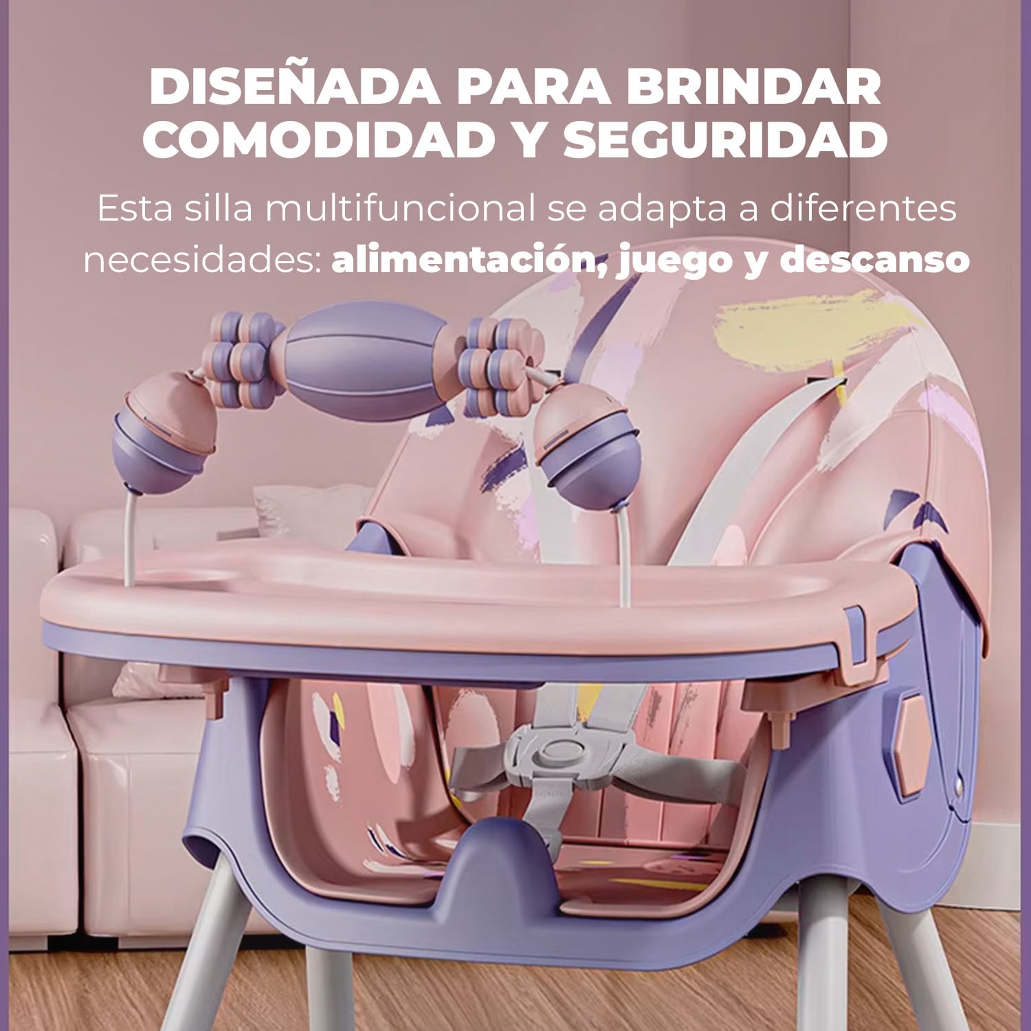 SILLA COMER BEBE DOBLE ALTURA SAFE BABY MECEDORA RECLINABLE - LILA - 3