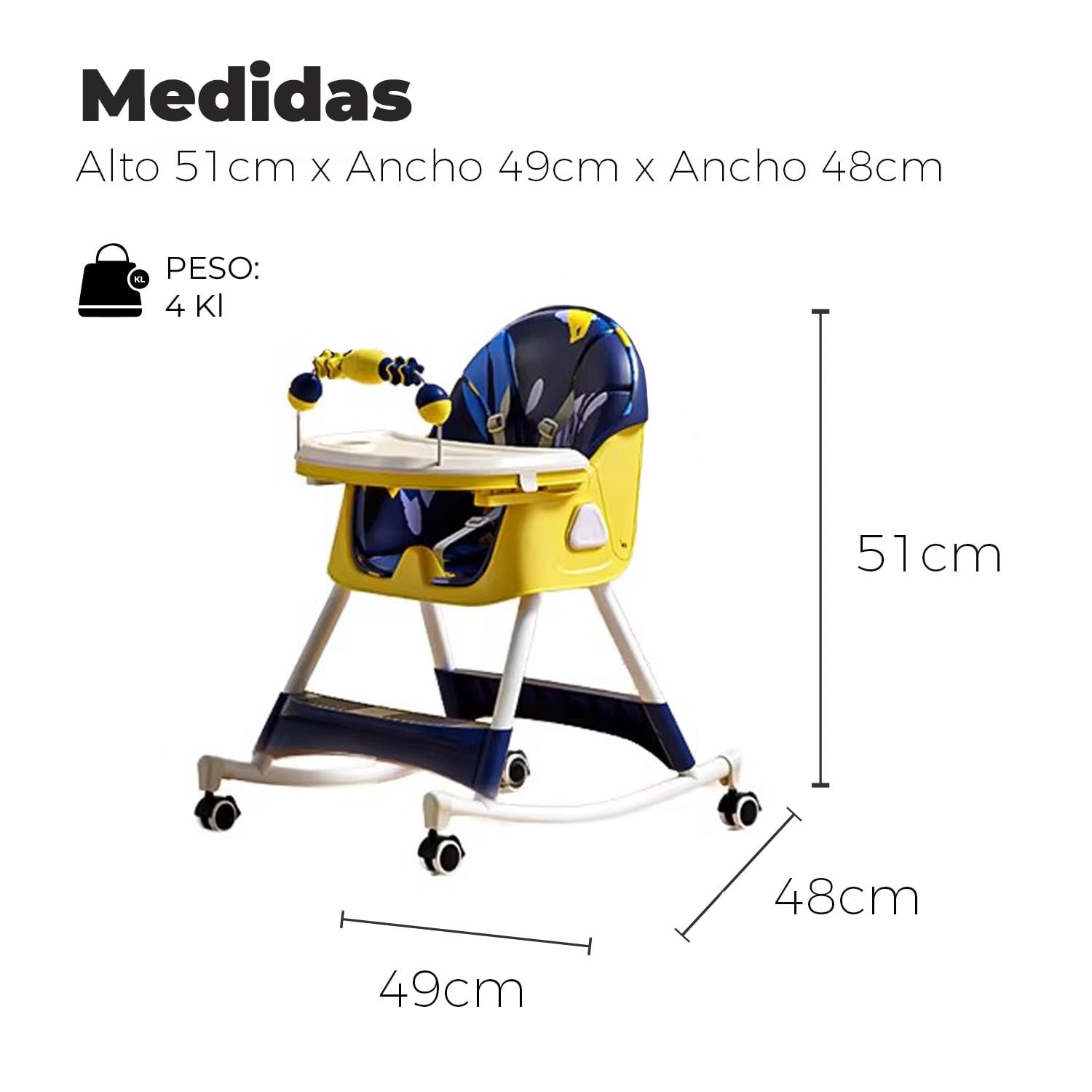 SILLA COMER BEBE DOBLE ALTURA SAFE BABY MECEDORA RECLINABLE - AZUL/AMARILLO - 2