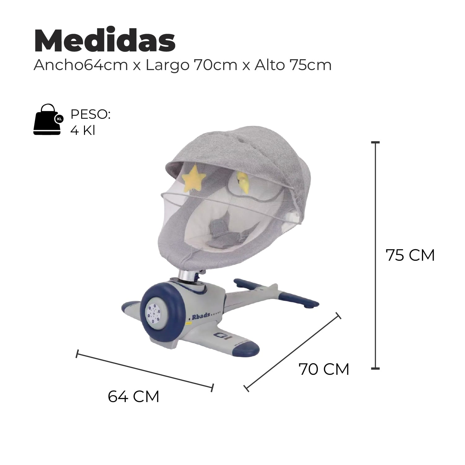 SILLA MECEDORA ELECTRICA BEBE AVIONCITO SAFEBABY BLUETOOTH - GRIS - 2