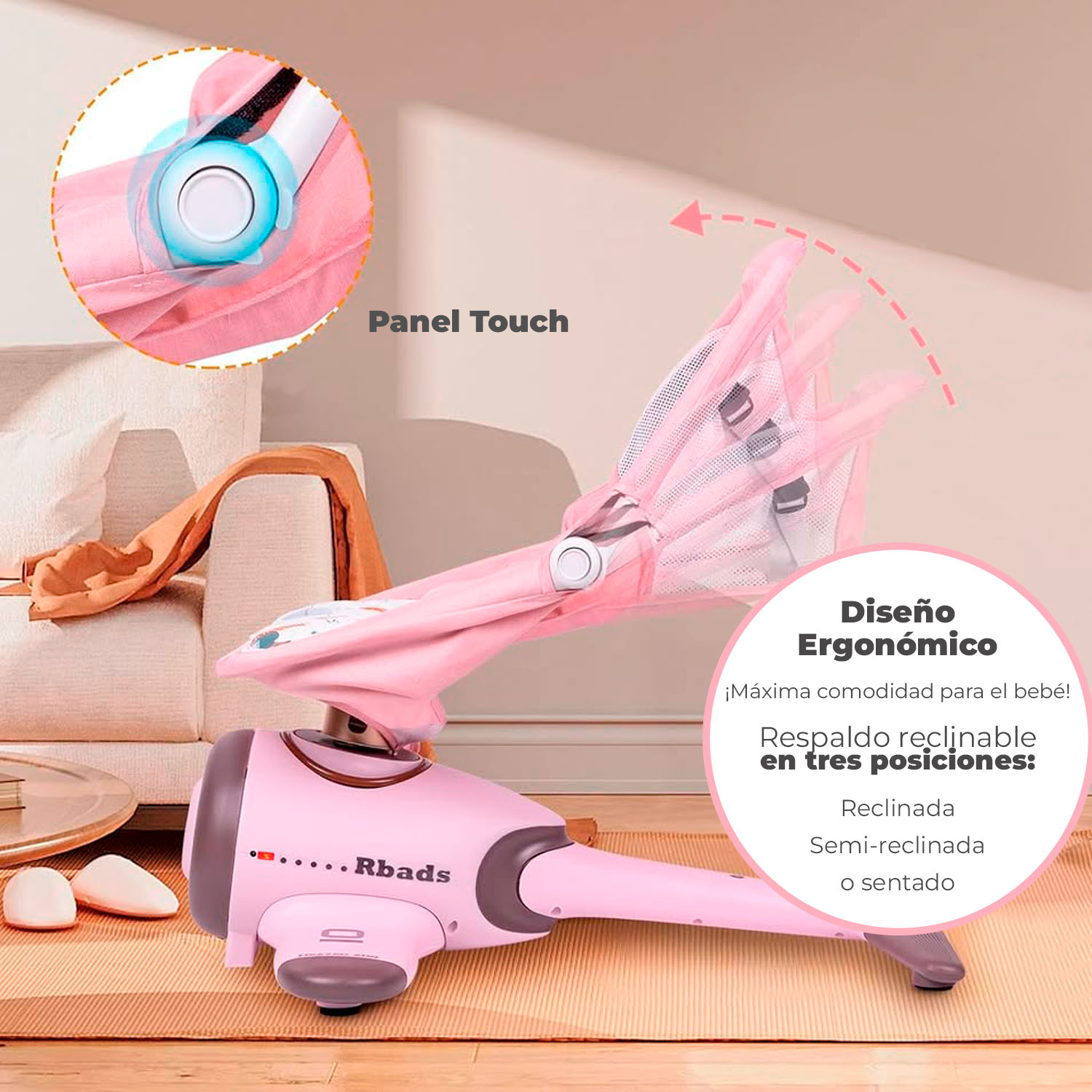 SILLA MECEDORA ELECTRICA BEBE AVIONCITO SAFEBABY BLUETOOTH - ROSA - 4