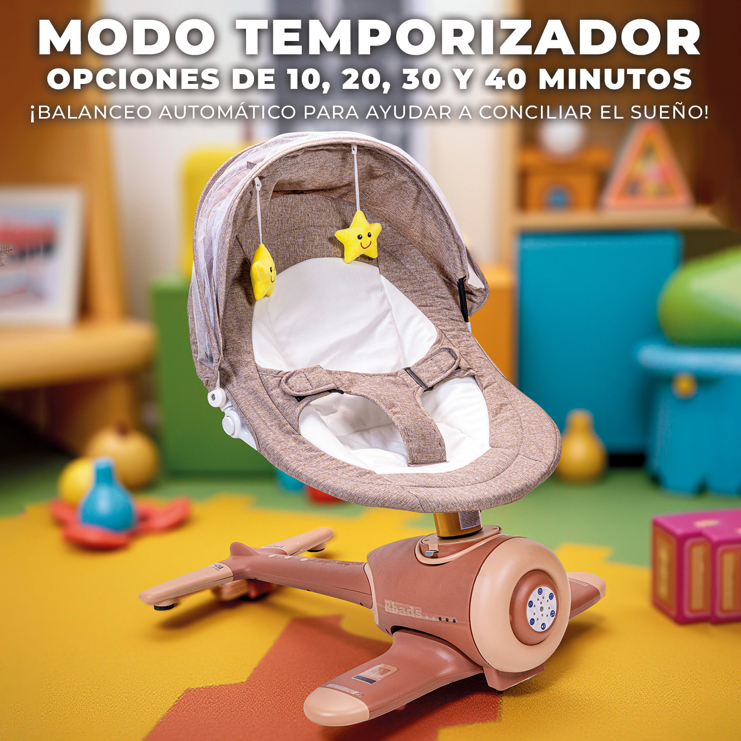 SILLA MECEDORA ELECTRICA BEBE AVIONCITO SAFEBABY BLUETOOTH - MARRÓN CLARO - 3