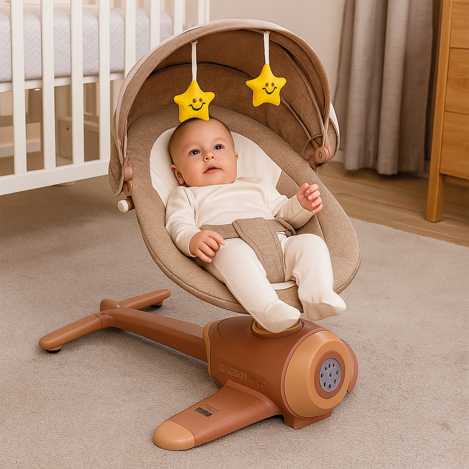 SILLA MECEDORA ELECTRICA BEBE AVIONCITO SAFEBABY BLUETOOTH - MARRÓN CLARO - 6