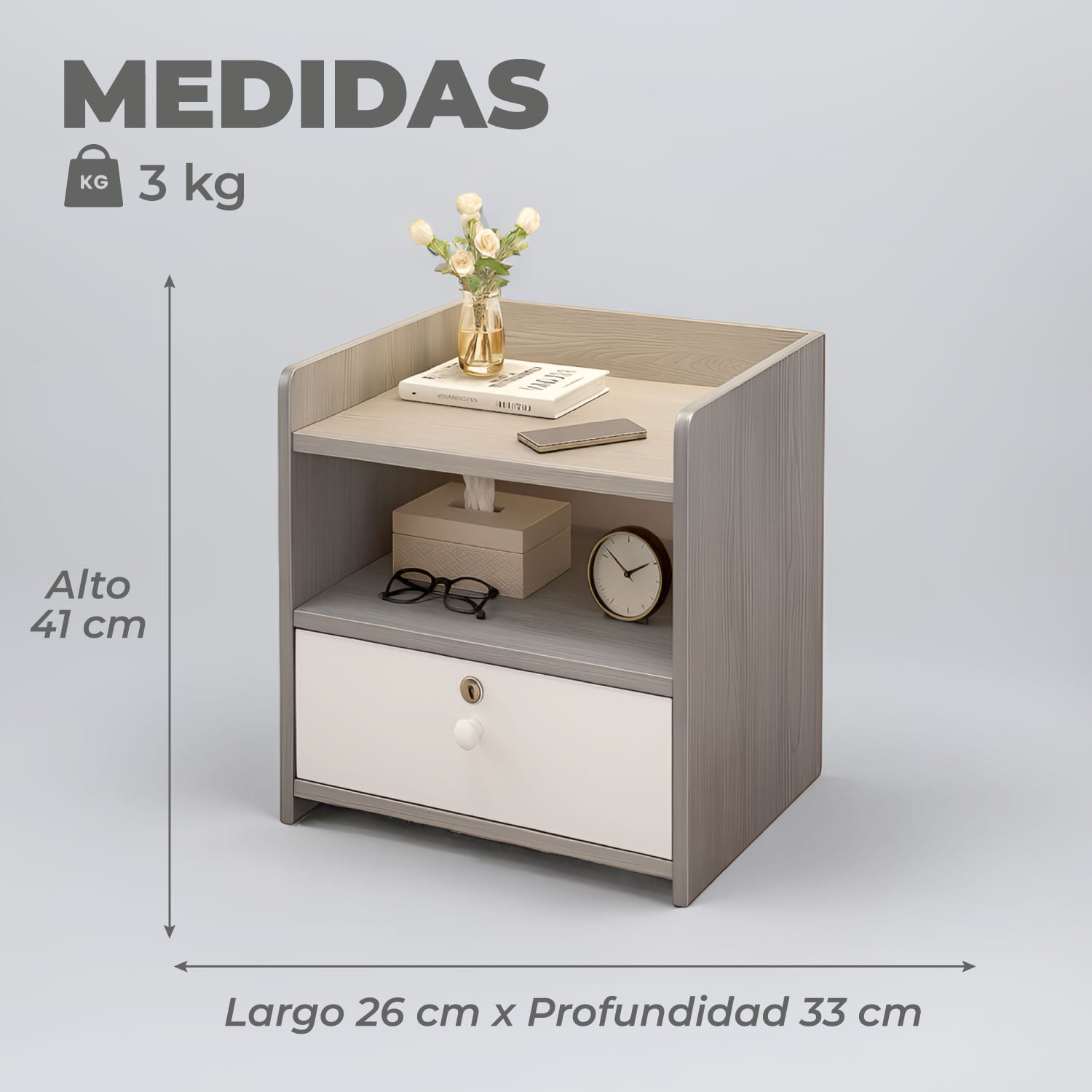 VELADOR GREY 2 NIVELES 1 CAJON CON LLAVE 41X33X26 CM - 3