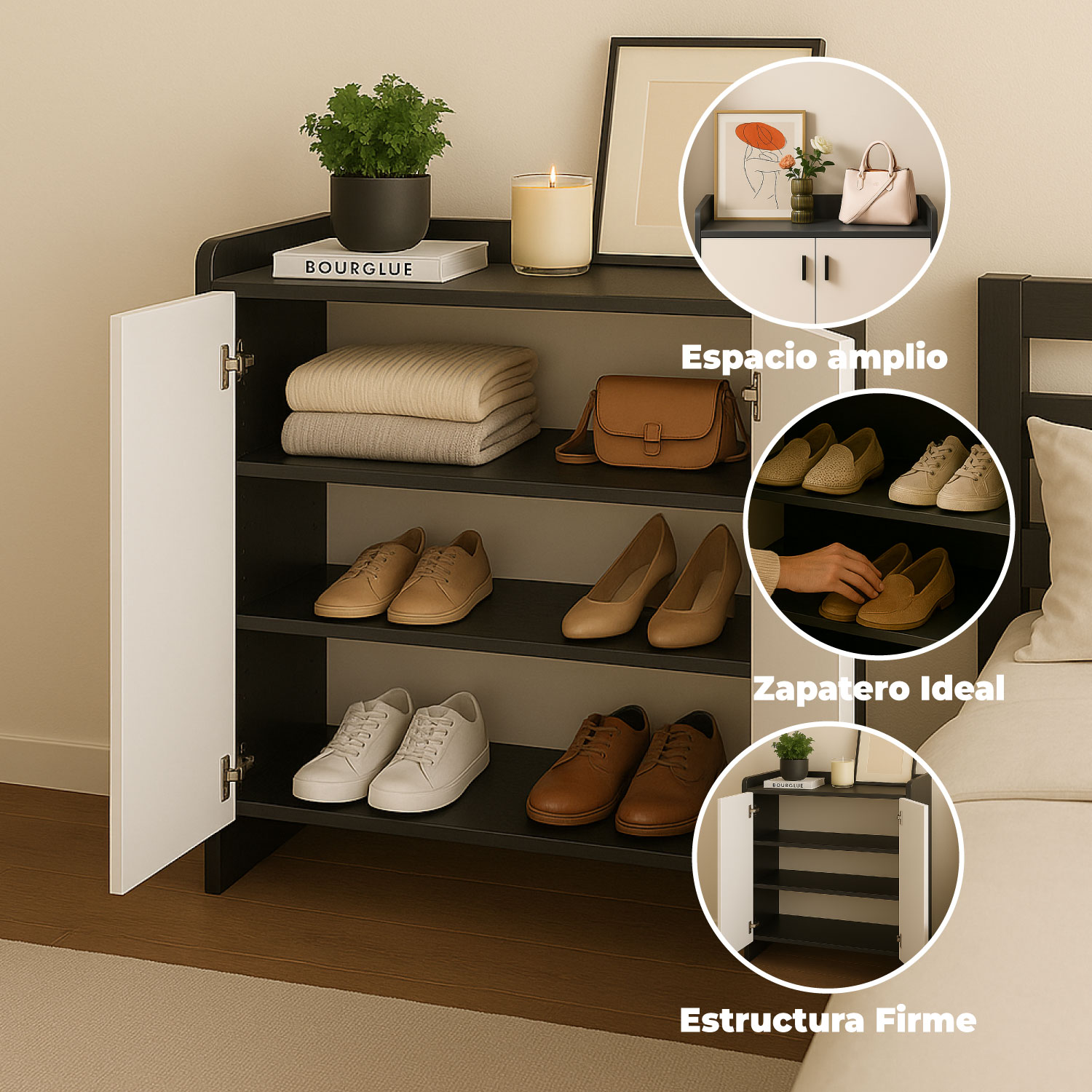 ZAPATERO GREY 2 PUERTAS ORGANIZADOR 3 ESTANTE 81X61X32 CM - 4