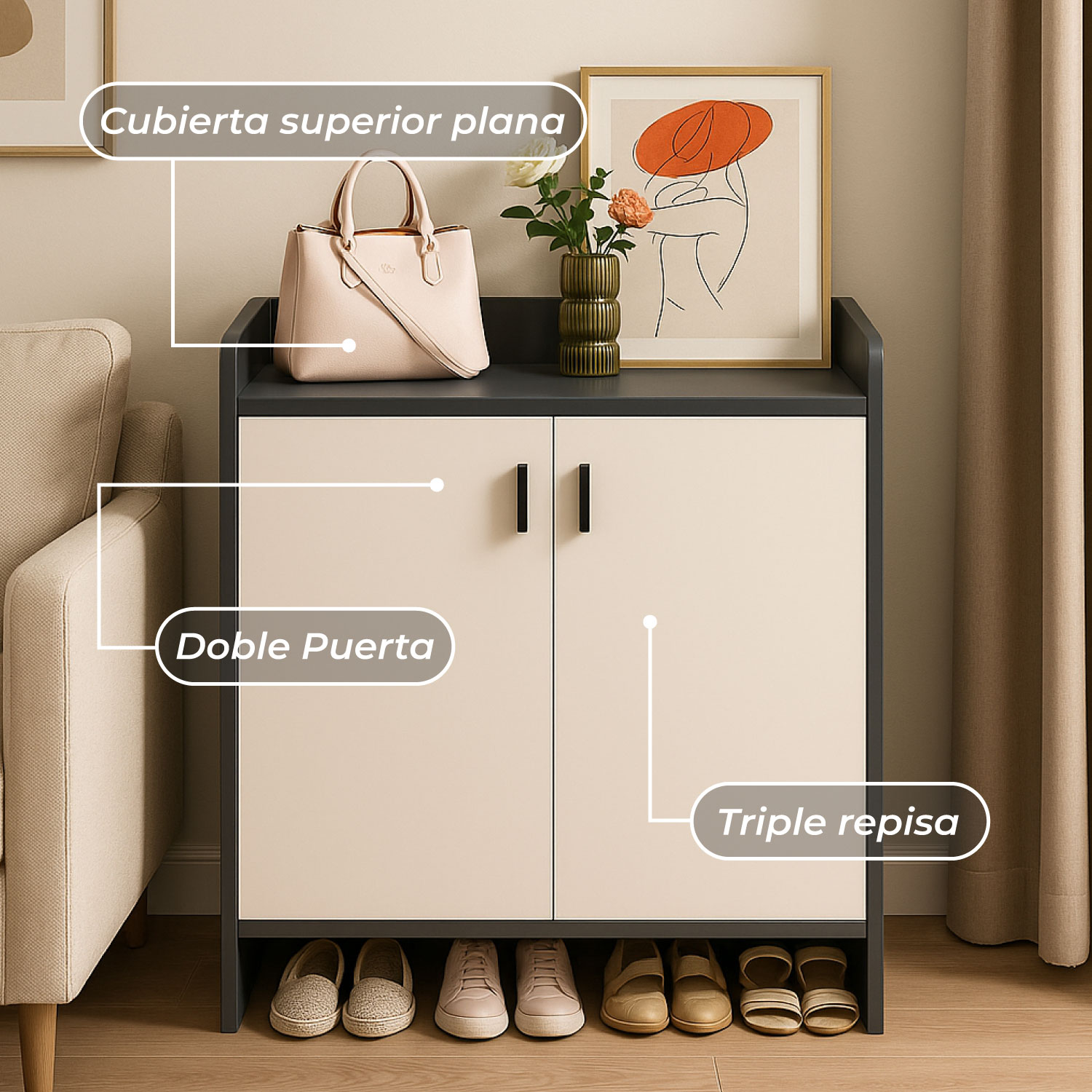 ZAPATERO GREY 2 PUERTAS ORGANIZADOR 3 ESTANTE 81X61X32 CM - 6