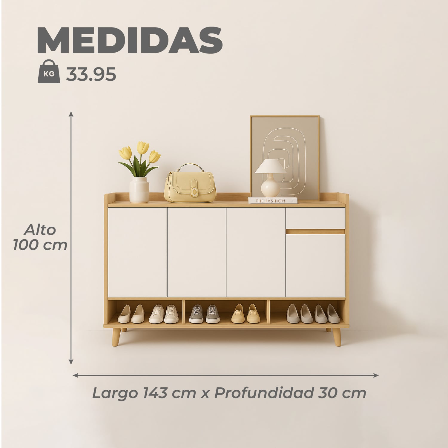 ZAPATERO ROUND TOE 4 PUERTAS CON CAJONES MAPLE 140CM - 3