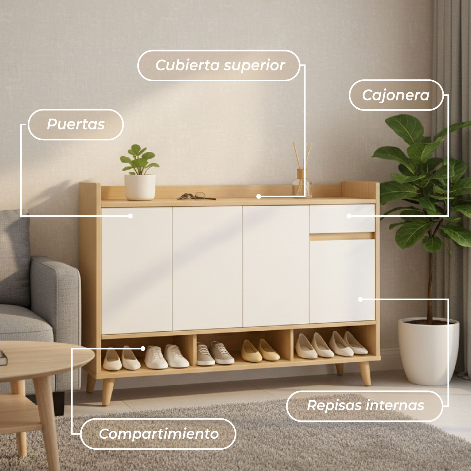 ZAPATERO ROUND TOE 4 PUERTAS CON CAJONES MAPLE 140CM - 6